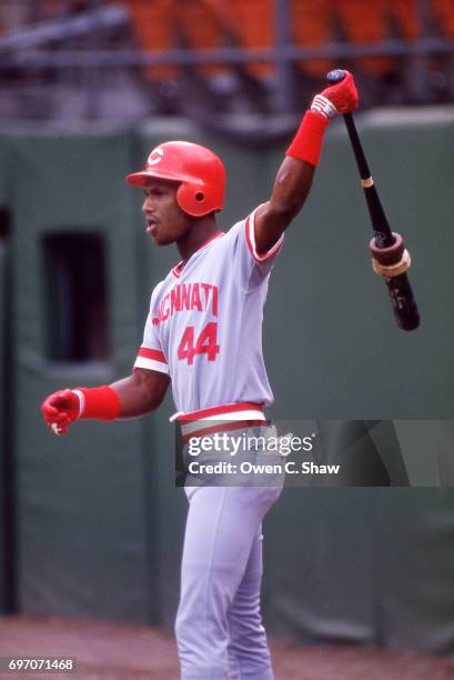 Eric Davis of the Cincinnati Reds prepares to bat against the San Diego Padres at Jack Murphy Stadium circa 1986 in San Diego,California.