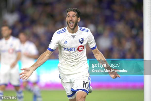 Ignacio Piatti of Montreal Impact celebrate his second goal during a MLS soccer match between the Montreal Impact and the Orlando City SC at Orlando...