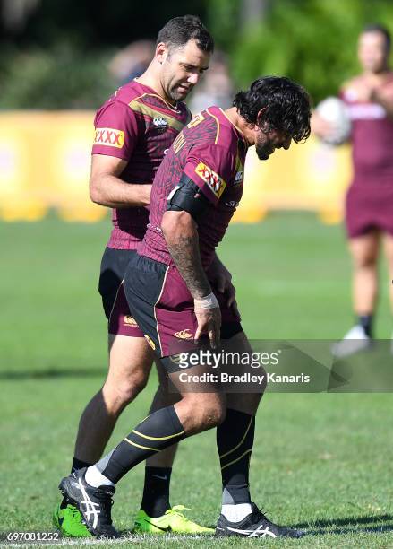 Johnathan Thurston has an injury scare after knocking his knee during a Queensland Maroons training session at Sanctuary Cove Resort on June 18, 2017...