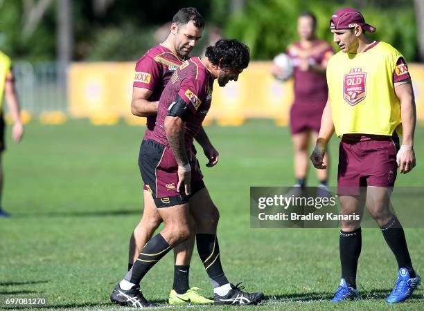 Johnathan Thurston has an injury scare after knocking his knee during a Queensland Maroons training session at Sanctuary Cove Resort on June 18, 2017...