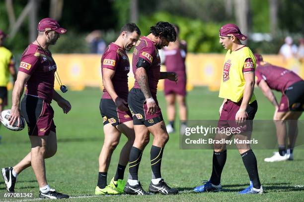 Johnathan Thurston has an injury scare after knocking his knee during a Queensland Maroons training session at Sanctuary Cove Resort on June 18, 2017...