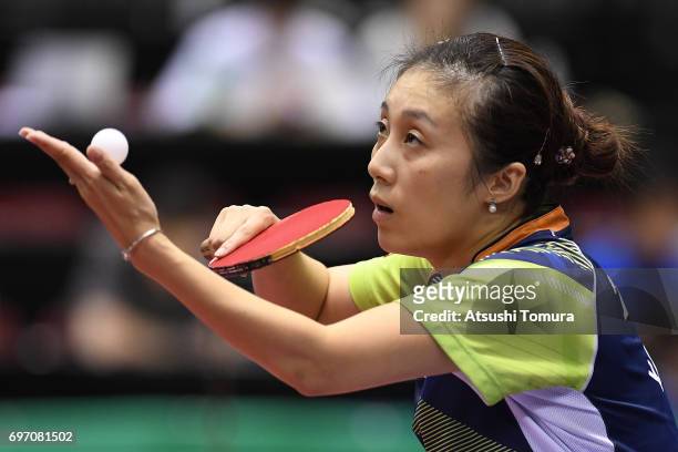 Ying Han of Germany serves during the women's singles semi final match against Meng Chen of China on the day 5 of the 2017 ITTF World Tour Platinum...