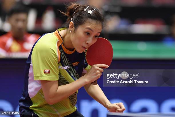 Ying Han of Germany competes during the women's singles semi final match against Meng Chen of China on the day 5 of the 2017 ITTF World Tour Platinum...