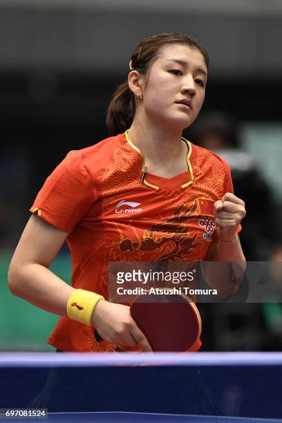 Meng Chen of China celebrates a point during the women's singles semi final match against Ying Han of Germany on the day 5 of the 2017 ITTF World...