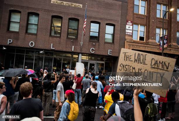 Protesters gather outside the 1st Precinct Police Department on July 17, 2017 in Minneapolis, Minnesota. Demonstrations have taken place each day...