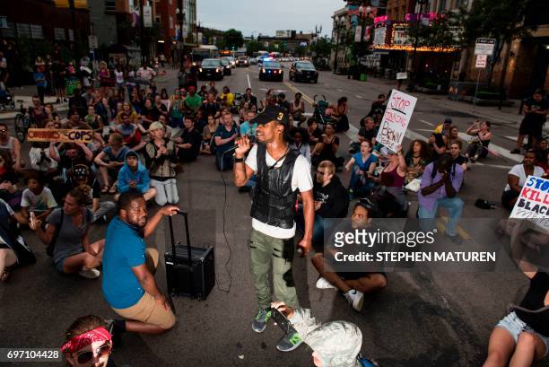 Protesters block an intersection on July 17, 2017 in Minneapolis, Minnesota. Demonstrations have taken place each day since a jury acquitted police...