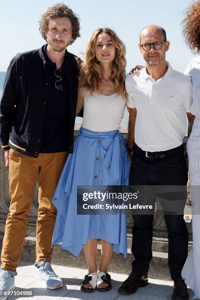 Baptiste Lecaplain, Alice David, Maurice Barthelemy attend "Les ex" photocall during 4th day of 31st Cabourg Film Festival on June 17, 2017 in...