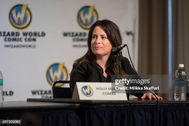 Actress Holly Marie Combs talks during "The Charmed Life: A conversation with Holly Marie Combs and Brian Krause" session at Sacramento Convention...