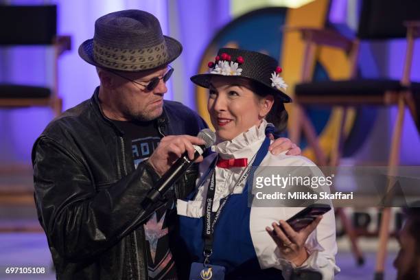 Mickael Rooker interacts with audience member at "Mickael Rooker vs. The Audience" session at Sacramento Convention Center on June 17, 2017 in...