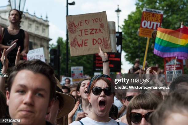 Anti-government demonstrators gather on Whitehall outside Downing Street to protest against Prime Minister Theresa May on June 17, 2017 in London,...