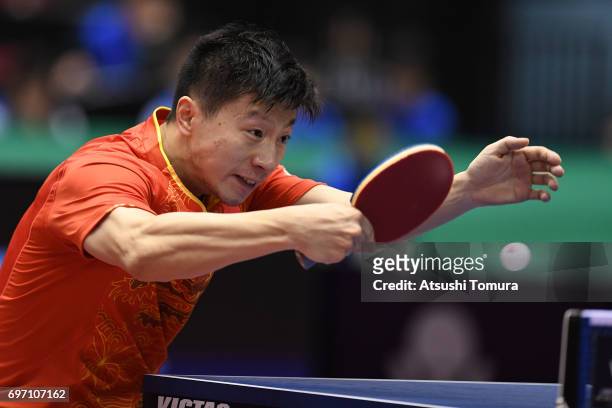 Long Ma of China competes during the men's singles semi final match against Xin Xu of China on the day 5 of the 2017 ITTF World Tour Platinum LION...