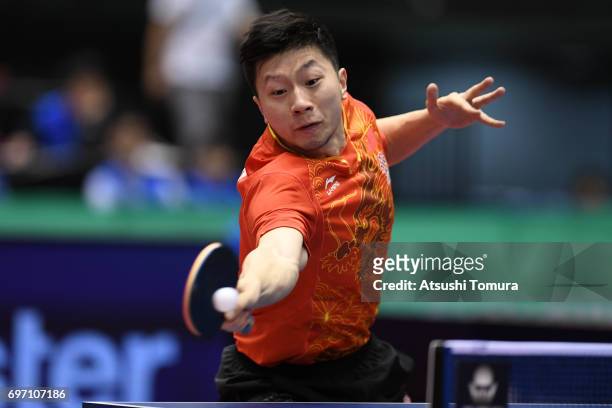 Long Ma of China competes during the men's singles semi final match against Xin Xu of China on the day 5 of the 2017 ITTF World Tour Platinum LION...