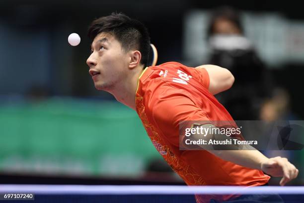 Long Ma of China competes during the men's singles semi final match against Xin Xu of China on the day 5 of the 2017 ITTF World Tour Platinum LION...