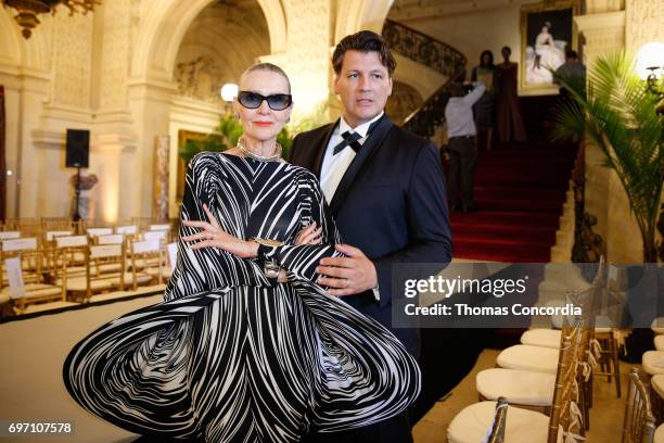 Rodrigo Basilicati and Maryse Gaspard after the Pierre Cardin: 70 Years Of Innovation fashion show at The Breakers on June 17, 2017 in Newport, Rhode...