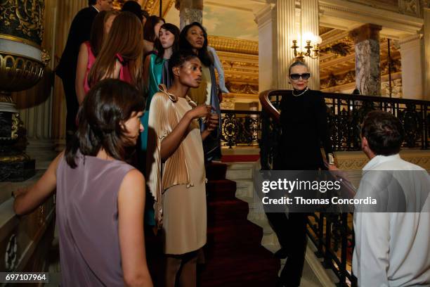 Models backstage with Maryse Gaspard before the Pierre Cardin: 70 Years Of Innovation fashion show at The Breakers on June 17, 2017 in Newport, Rhode...