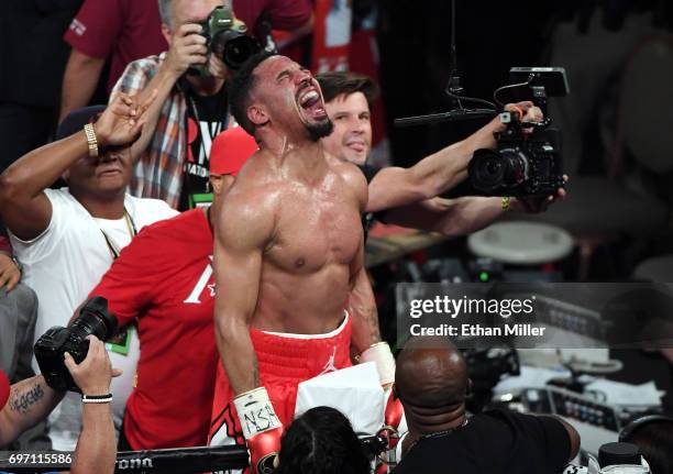 Andre Ward celebrates after winning his light heavyweight championship bout against Sergey Kovalev at the Mandalay Bay Events Center on June 17, 2017...