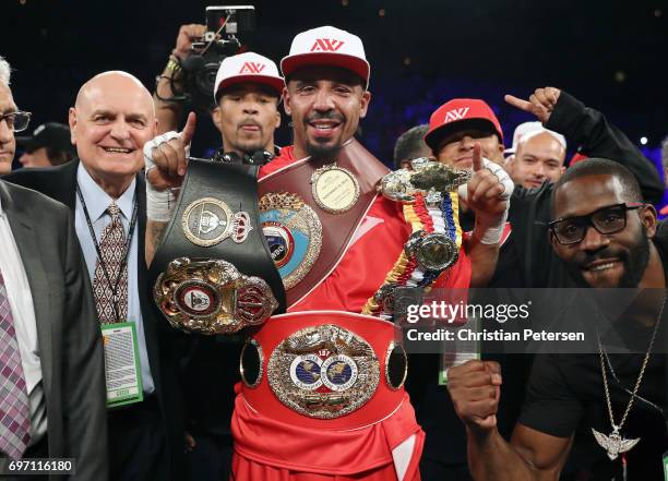 Andre Ward celebrates after winning his light heavyweight championship bout against Sergey Kovalev at the Mandalay Bay Events Center on June 17, 2017...