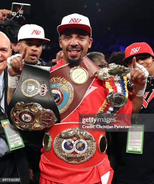 Andre Ward celebrates after winning his light heavyweight championship bout against Sergey Kovalev at the Mandalay Bay Events Center on June 17, 2017...