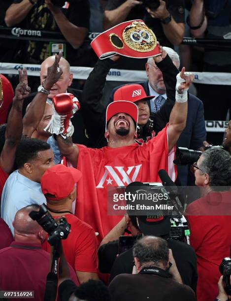 Andre Ward celebrates after winning his light heavyweight championship bout against Sergey Kovalev at the Mandalay Bay Events Center on June 17, 2017...