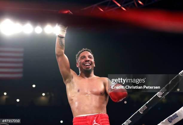 Andre Ward reacts after winning his light heavyweight championship bout against Sergey Kovalev at the Mandalay Bay Events Center on June 17, 2017 in...