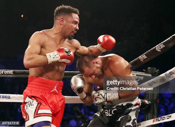 Andre Ward punches Sergey Kovalev during their light heavyweight championship bout at the Mandalay Bay Events Center on June 17, 2017 in Las Vegas,...