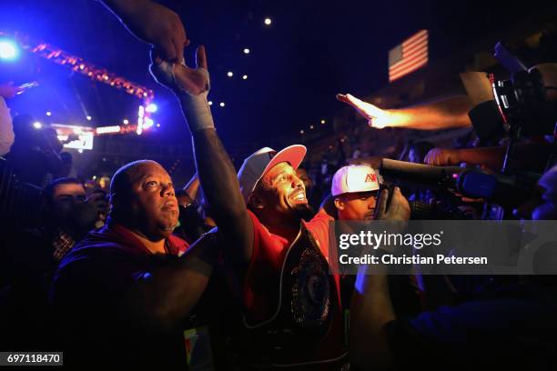 Andre Ward celebrates after winning his light heavyweight championship bout against Sergey Kovalev at the Mandalay Bay Events Center on June 17, 2017...