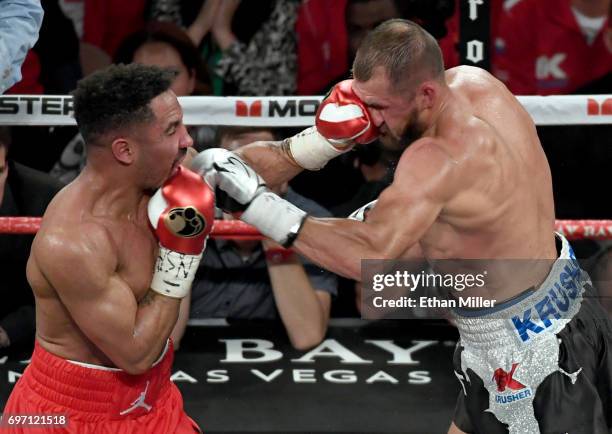Andre Ward hits Sergey Kovalev with a left in the sixth round of their light heavyweight championship bout at the Mandalay Bay Events Center on June...