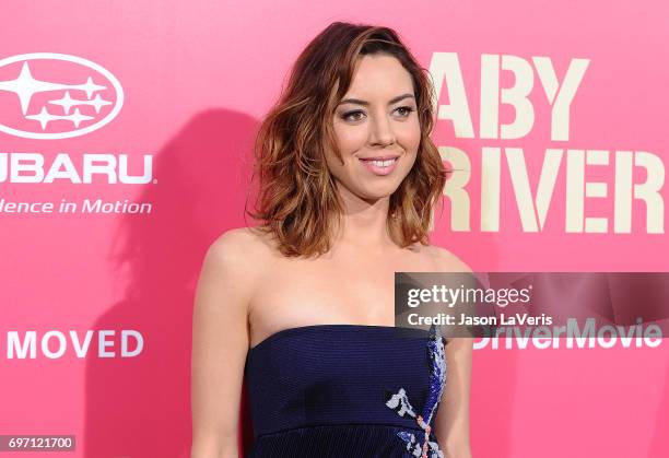 Actress Aubrey Plaza attends the premiere of "Baby Driver" at Ace Hotel on June 14, 2017 in Los Angeles, California.