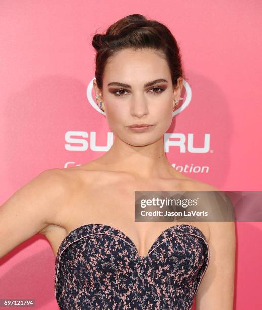 Actress Lily James attends the premiere of "Baby Driver" at Ace Hotel on June 14, 2017 in Los Angeles, California.