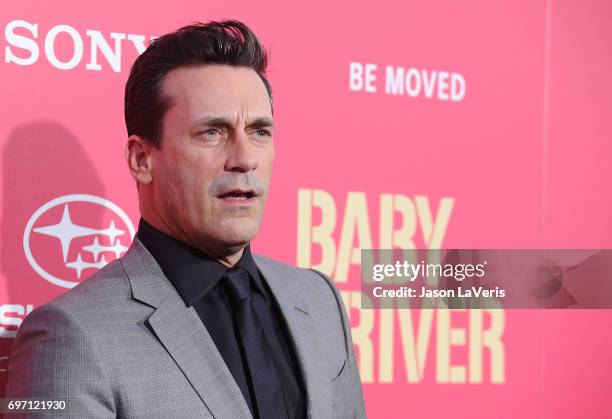 Actor Jon Hamm attends the premiere of "Baby Driver" at Ace Hotel on June 14, 2017 in Los Angeles, California.