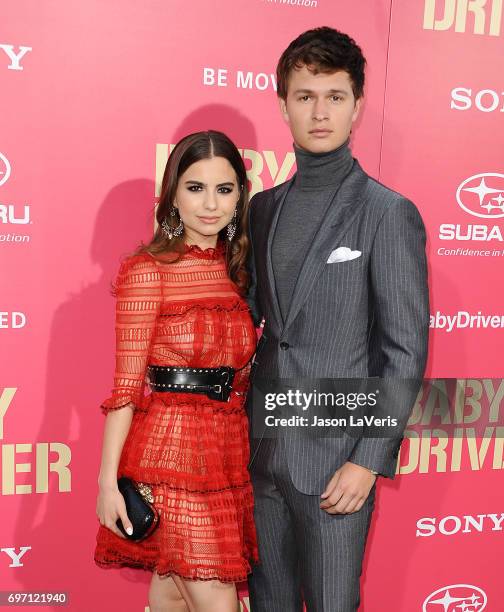 Violetta Komyshan and Ansel Elgort attend the premiere of "Baby Driver" at Ace Hotel on June 14, 2017 in Los Angeles, California.