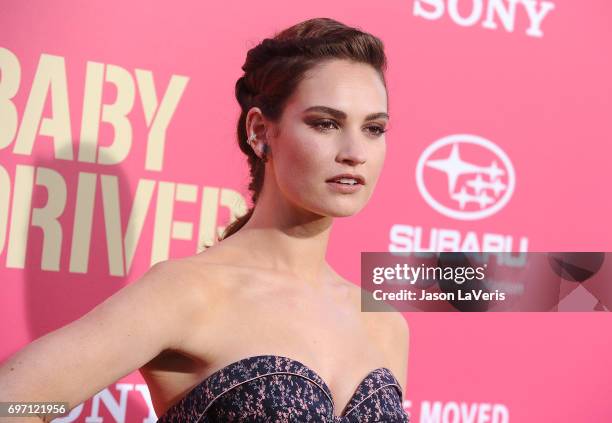 Actress Lily James attends the premiere of "Baby Driver" at Ace Hotel on June 14, 2017 in Los Angeles, California.
