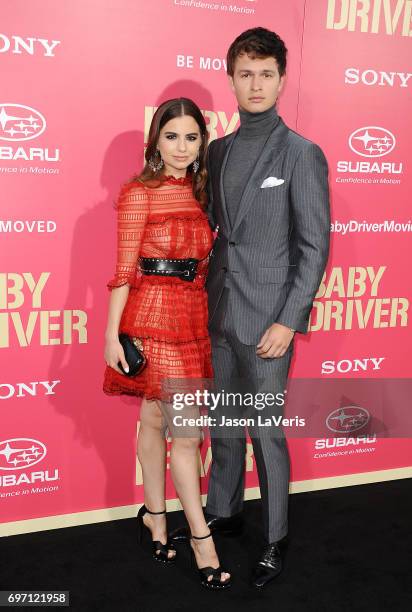 Violetta Komyshan and Ansel Elgort attend the premiere of "Baby Driver" at Ace Hotel on June 14, 2017 in Los Angeles, California.