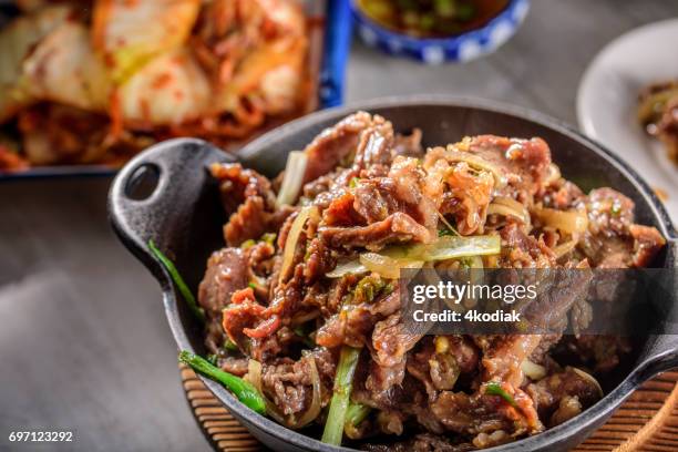 delicious grilled  bulgogi , marinated in soy sauce and garlic and ginger - rice bowl stock pictures, royalty-free photos & images