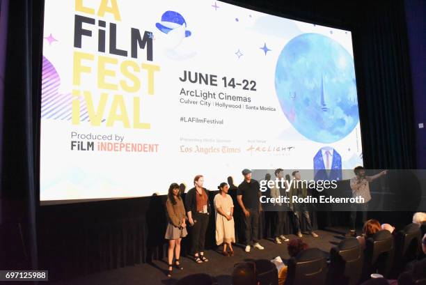 Afagh Irandoost, Bronwyn Maloney, Karishma Dube, Marshall Tyler, Matt Chute and Matt ChuteToby Louie speak onstage at Shorts Program 1 during the...