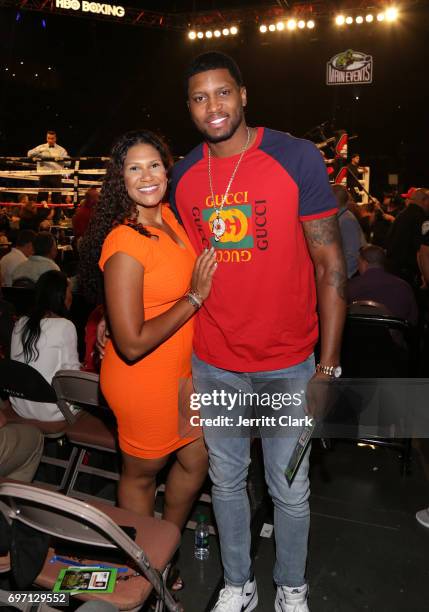 Player Rudy Gay poses with his wife Ecko Wray at The D'USSE Lounge At Ward-Kovalev 2: "The Rematch" on June 17, 2017 in Las Vegas, Nevada.