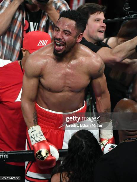 Andre Ward celebrates after winning his light heavyweight championship bout against Sergey Kovalev at the Mandalay Bay Events Center on June 17, 2017...