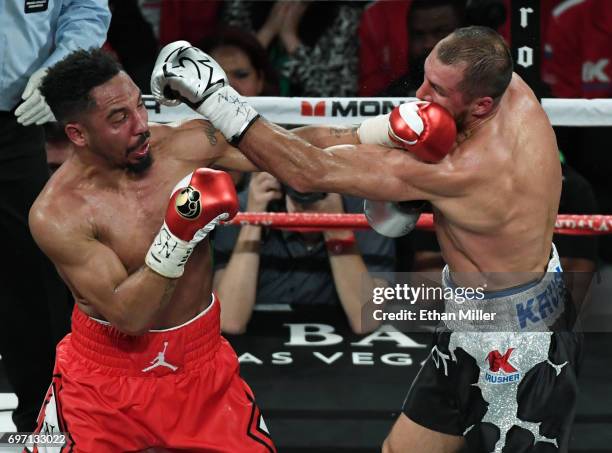 Andre Ward and Sergey Kovalev trade blows in the sixth round of their light heavyweight championship bout at the Mandalay Bay Events Center on June...