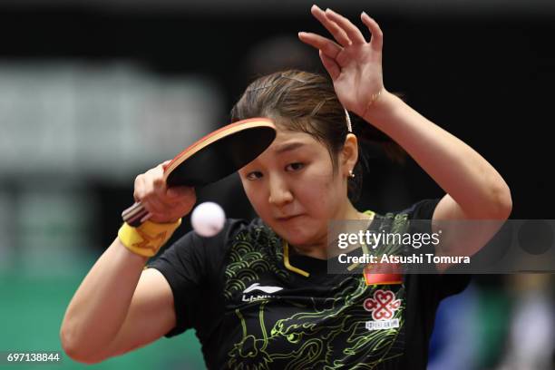 Meng Chen of China competes during the women's singles final match against Yingsha Sun of china on the day 5 of the 2017 ITTF World Tour Platinum...