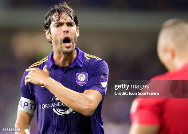 Orlando City SC midfielder Kaka argues the call During the MLS Soccer match between Orlando City FC versus Montreal Impact on June 17, 2017 at...