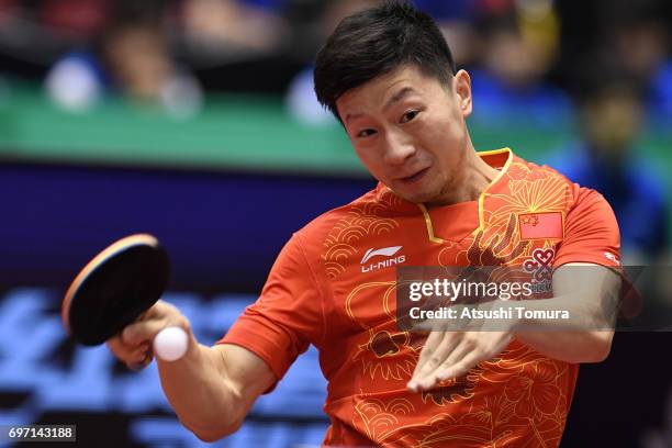 Long Ma of China competes during the men's singles semi final match against Xin Xu of China on the day 5 of the 2017 ITTF World Tour Platinum LION...