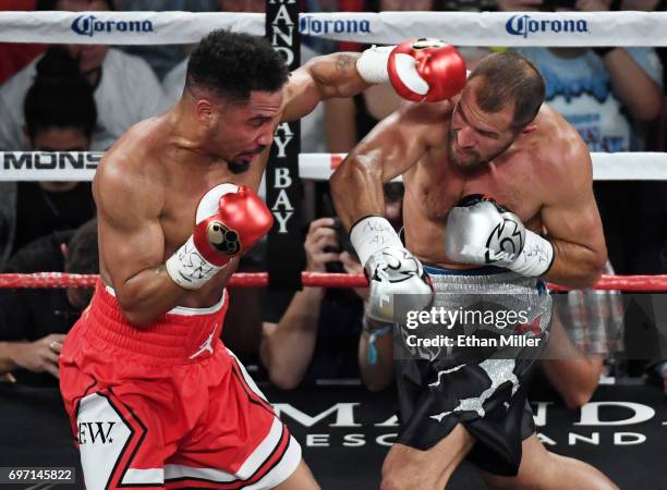 Andre Ward throws a left at Sergey Kovalev in the second round of their light heavyweight championship bout at the Mandalay Bay Events Center on June...