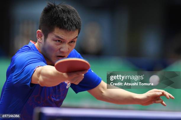 Zhendong Fan of China competes during the men's singles final match against Long Ma of China on the day 5 of the 2017 ITTF World Tour Platinum LION...