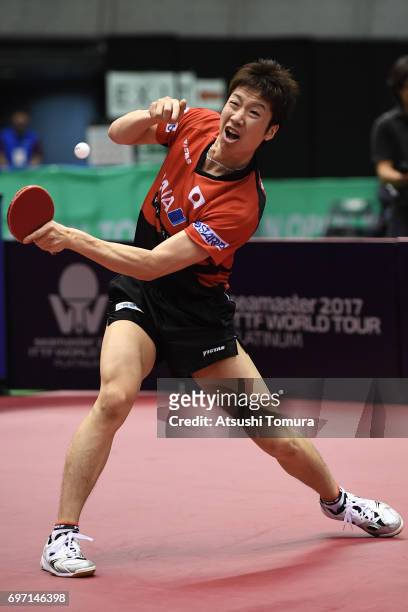 Jun Mizutani of Japan competes during the men's singles semi final match against Zhendong Fan of China on the day 5 of the 2017 ITTF World Tour...