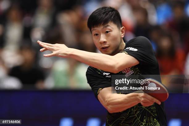 Long Ma of China competes during the men's singles final match against Zhendong Fan of China on the day 5 of the 2017 ITTF World Tour Platinum LION...