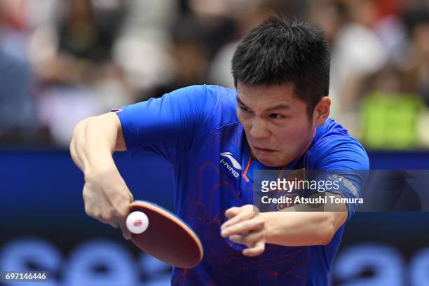Zhendong Fan of China competes during the men's singles final match against Long Ma of China on the day 5 of the 2017 ITTF World Tour Platinum LION...