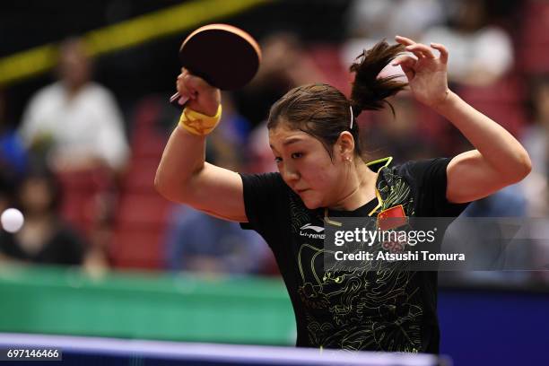 Meng Chen of China competes during the women's singles final match against Yingsha Sun of china on the day 5 of the 2017 ITTF World Tour Platinum...