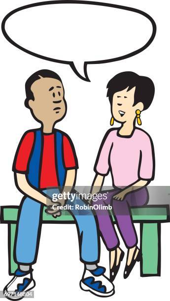 teens sitting on bench talking - two teenagers talking stock illustrations