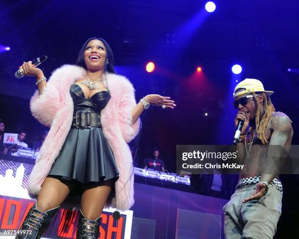 Nicki Minaj and Lil Wayne perform during surprise appearances duing the Hot 107.9 Birthday Bash at Philips Arena on June 17, 2017 in Atlanta, Georgia.