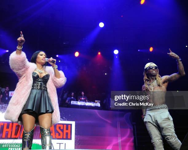 Nicki Minaj and Lil Wayne perform during surprise appearances duing the Hot 107.9 Birthday Bash at Philips Arena on June 17, 2017 in Atlanta, Georgia.